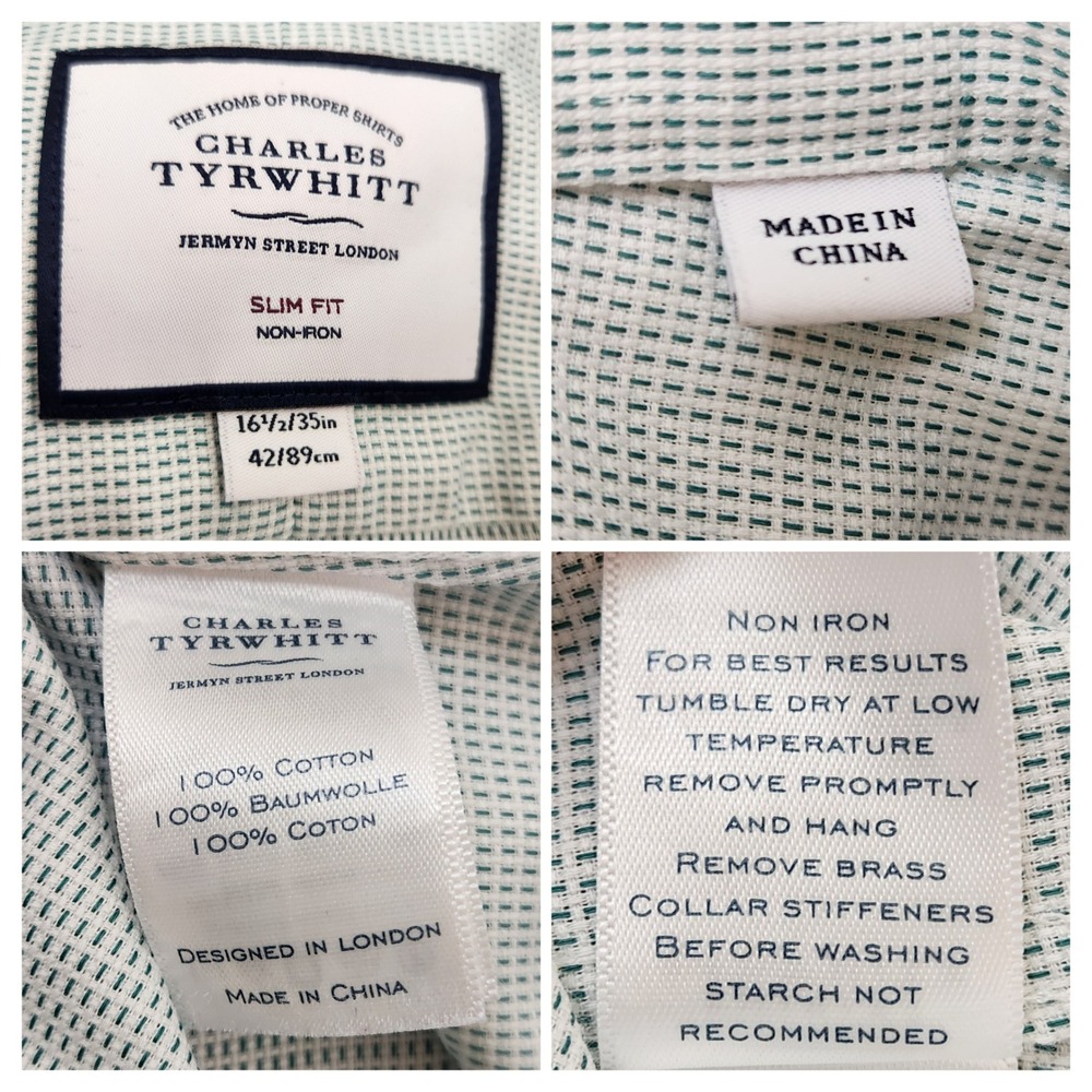 Charles Tyrwhitt Slim Fit Green Gingham Non Iron Mens Dress Shirt Size 16 1/2 35 - Picture 4 of 6